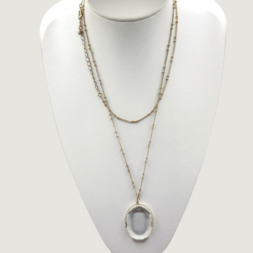 Art Deco Revival Clear Faceted Glass Oval Pendant Satellite Necklace Glamour
